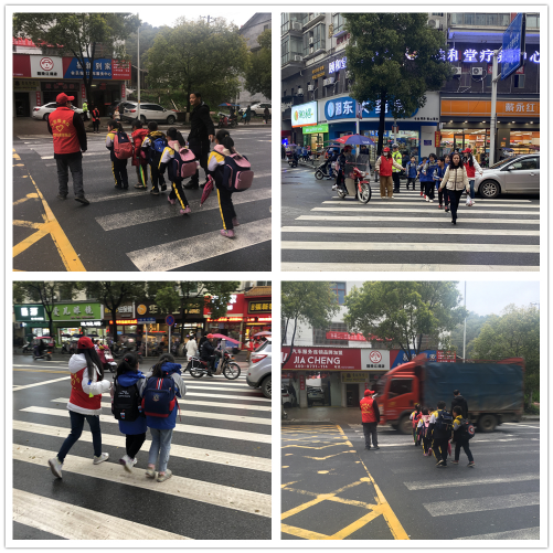 下午3时,高新集团志愿者身穿红马甲,早早来到江源小学,狮子坡小学附近